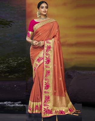 Peach embroidered silk blend saree with blouse 1