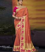 Peach embroidered silk blend saree with blouse