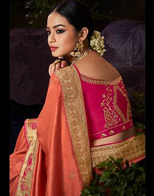 Peach embroidered silk blend saree with blouse 2