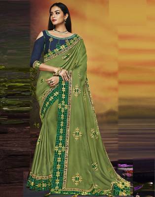 Green embroidered silk blend saree with blouse 1