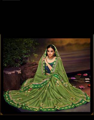 Green embroidered silk blend saree with blouse 2