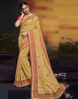 Beige embroidered silk blend saree with blouse 1