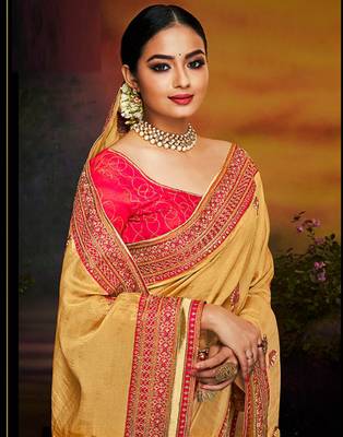 Beige embroidered silk blend saree with blouse 2