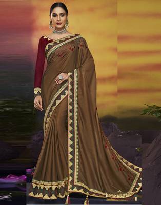 Brown embroidered silk blend saree with blouse 1