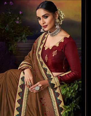 Brown embroidered silk blend saree with blouse 2