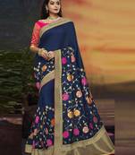 Navy blue embroidered silk blend saree with blouse