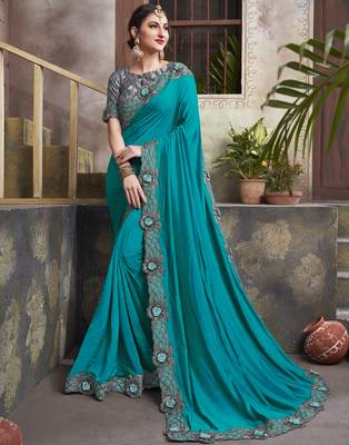 Blue embroidered silk blend saree with blouse 1