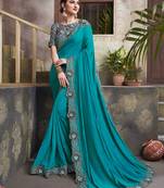 Blue embroidered silk blend saree with blouse