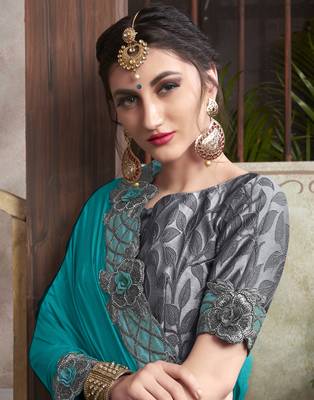 Blue embroidered silk blend saree with blouse 2