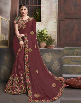 Brown embroidered silk blend saree with blouse 1