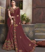 Brown embroidered silk blend saree with blouse