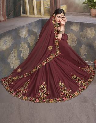 Brown embroidered silk blend saree with blouse 2