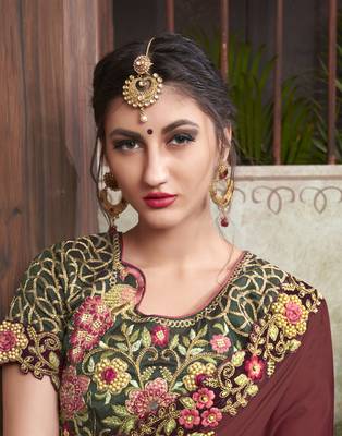 Brown embroidered silk blend saree with blouse 3