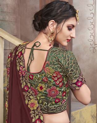 Brown embroidered silk blend saree with blouse 4