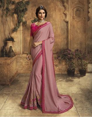 Pink embroidered silk blend saree with blouse 1