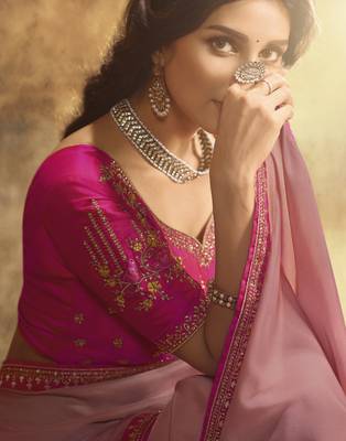 Pink embroidered silk blend saree with blouse 2