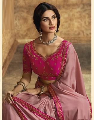 Pink embroidered silk blend saree with blouse 3