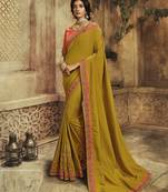 Mustard embroidered silk blend saree with blouse