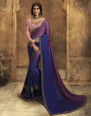 Blue embroidered silk blend saree with blouse 1