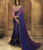 Blue embroidered silk blend saree with blouse