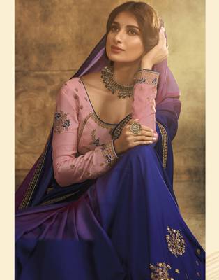 Blue embroidered silk blend saree with blouse 2