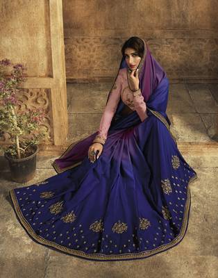 Blue embroidered silk blend saree with blouse 3