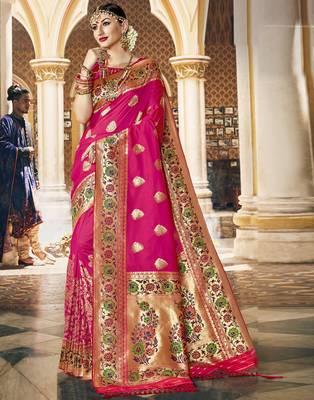 Pink woven silk blend saree with blouse 1