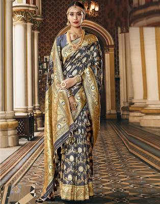 Grey woven silk blend saree with blouse 1