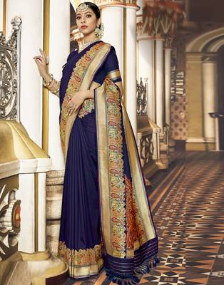 Navy blue woven silk blend saree with blouse 1