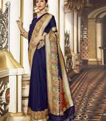 Navy blue woven silk blend saree with blouse
