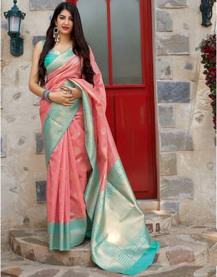 Pink woven banarasi silk saree with blouse 1