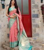 Pink woven banarasi silk saree with blouse