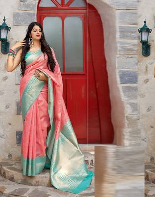 Pink woven banarasi silk saree with blouse 2