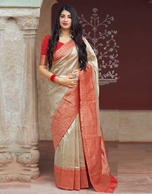 Beige woven banarasi silk saree with blouse 1