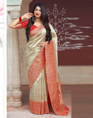 Beige woven banarasi silk saree with blouse 2