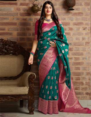 Green woven banarasi silk saree with blouse 1
