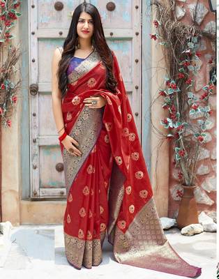 Red woven banarasi silk saree with blouse 1