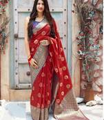 Red woven banarasi silk saree with blouse