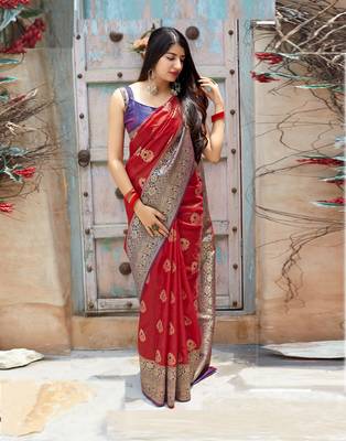 Red woven banarasi silk saree with blouse 2