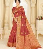 Maroon woven silk blend saree with blouse