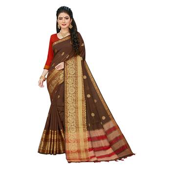 Brown woven chanderi silk saree with blouse 1