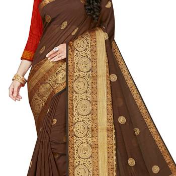 Brown woven chanderi silk saree with blouse 4