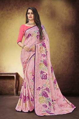 Pink Printed Satin Saree With Blouse 1