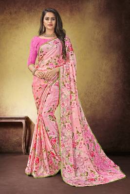 Pink Printed Satin Saree With Blouse 1