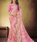 Pink Printed Satin Saree With Blouse