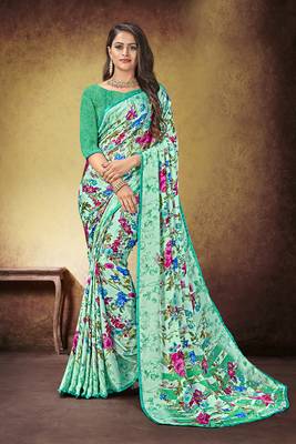 Cyan Printed Satin Saree With Blouse 1