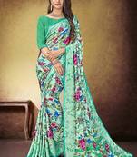 Cyan Printed Satin Saree With Blouse