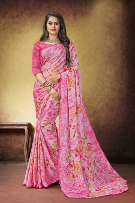 Pink Printed Satin Saree With Blouse 1