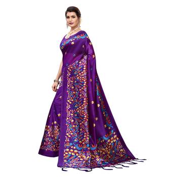 Purple printed art silk saree with blouse 2