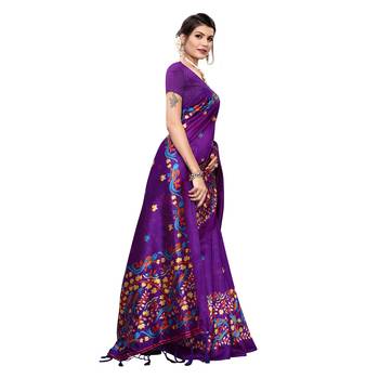 Purple printed art silk saree with blouse 3